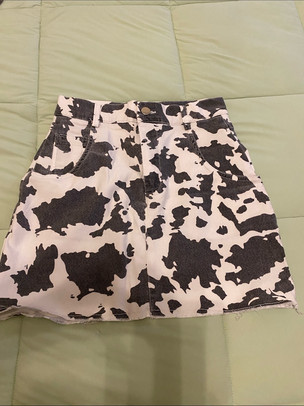 Cow Print Denim Mini Skirt - Black & White